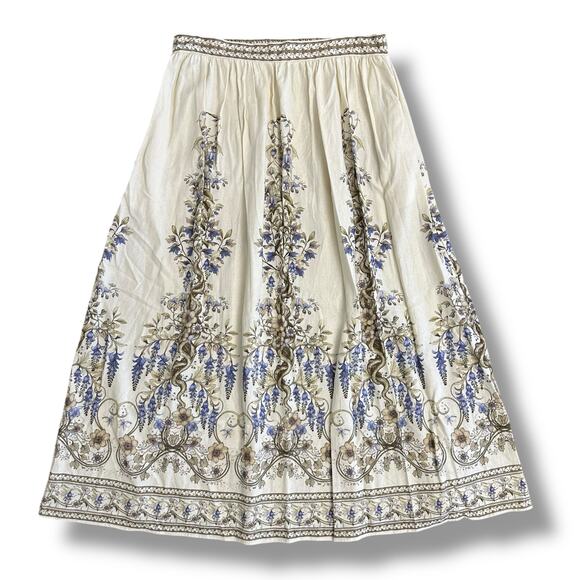 Max Studio London Floral Border Print Midi Skirt Cream Beige Blue Boho Style M - Picture 1 of 8